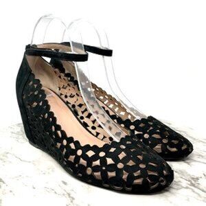 Jeffrey Campbell Wedge Pumps 7M Lasercut Daisy Flower Suede Black